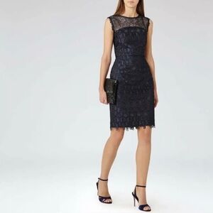 REISS Kirsty Navy Lace Midi Sleeveless Dress